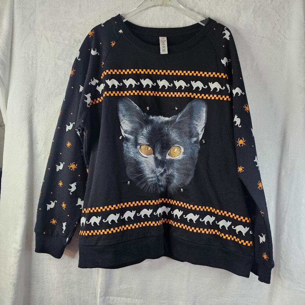Celebrate Black Cat Sweater Light Up Halloween Women Pullover Size XXL (19)